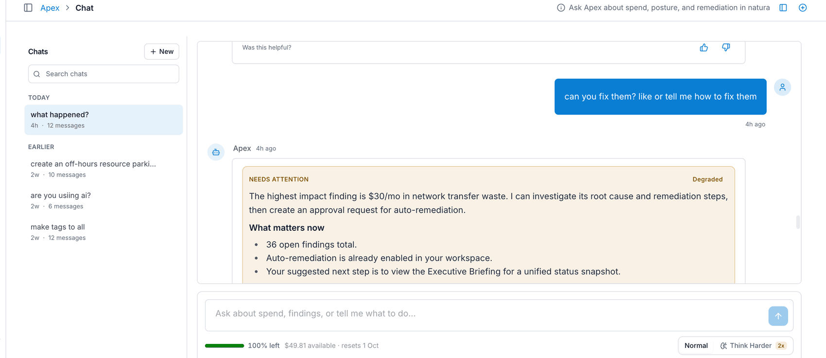 Apex chat answering 'can you fix them?' with a network transfer waste finding, open findings count, and a suggested next step